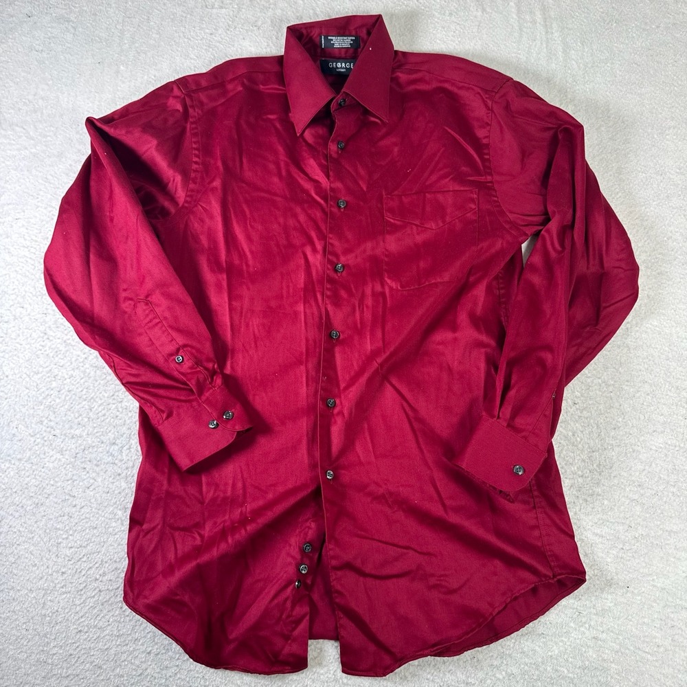 George Dress Shirt Mens S 14-14.5 Burgundy Sateen Wrinkle Resistant Excellent